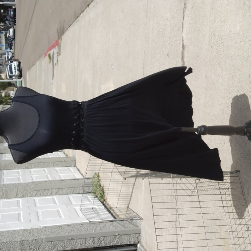 fire los Ang faded black dress is sleeveless w/zipper, cutout crisscross waist